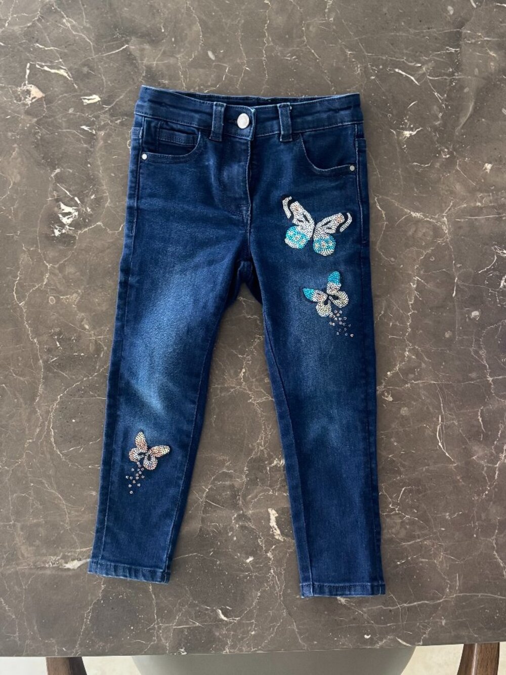 NEXT BLUE DENIM GIRL'S JEANS WITH EMBROIDERED AND SEQUIN BUTTERFLIES SIZE 4 YRS